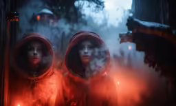 two people dressed in red near some smoke