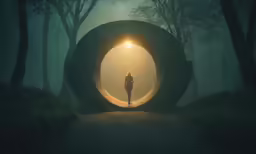 a person stands in the middle of a dark forest
