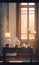 there is a desk with three lamps and a lamp