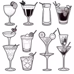 a drawing of alcohol glasses lined up,sketched drinks set illustration on white background
