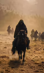 cowboys riding their horses in the dust on a hill