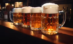 a row of beer glasses lined up on the bar