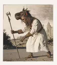 a person with an animal head and long hair is holding a staff and in white clothes