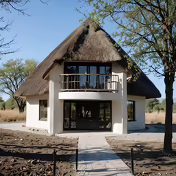 a white house with a grass covered roof and a stone pathway