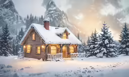 a lit up house in the middle of a snow covered mountain