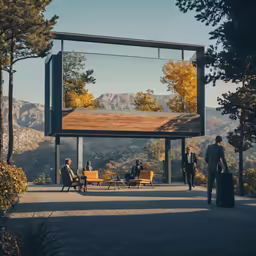 a group of people standing outside of a glass building