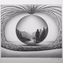 man in the reflection of an image that appears to be made into the shape of a crystal ball