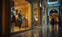 two women in dresses are reflected in the window of a store