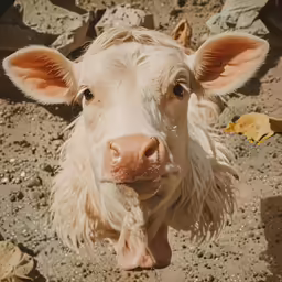 the cow looks at the camera, looking very happy