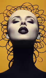 a woman with a very artistic make up looks like she has her head covered by curls