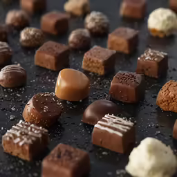 a variety of assorted small chocolates arranged in rows