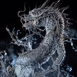 the large, majesticly decorated and feathered dragon is displayed