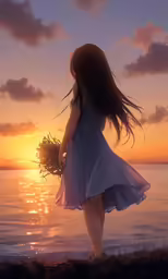 a girl in a dress walking into the sunset
