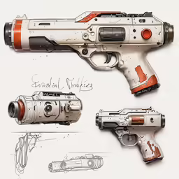 a few different weapons are shown with ink
