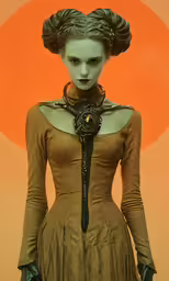 a young woman wearing green gown with an unusual necklace