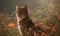 an orange cat is sitting in a field