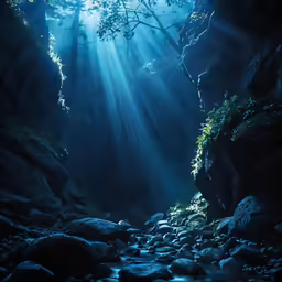 a stream flowing in the middle of a rocky jungle