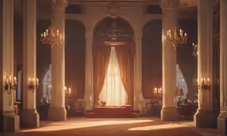 a room with two chandeliers and several people sitting around