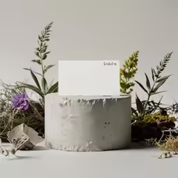 an old, white pillar holding a note sitting next to a succulent plant