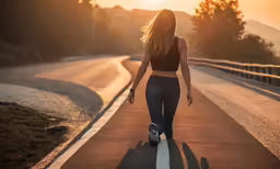 a person skateboarding down the road at sunset