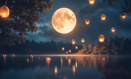 lanterns floating in the night sky over a lake