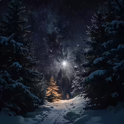 there is a snowy path with a trail way between some trees