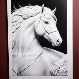 black and white photograph of a white horse