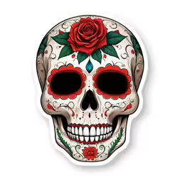 a sticker of a skull with red roses on its face
