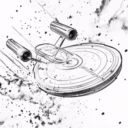 black and white drawing of a space object flying over planets