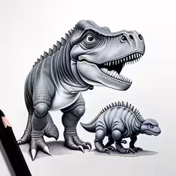 a drawing of a t - rex with a pencil in the shape of a stencil,a pencil drawing of dinosaurs and an adult