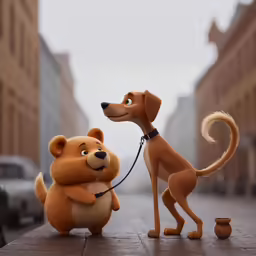 a plush dog is being led along by a stuffed puppy