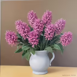 a white vase with some pink flowers in it