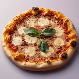 a close up of a pizza with basil on top