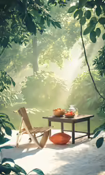 a small table is sitting on the sand in front of trees