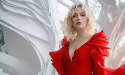 the woman in the red dress is standing near some large white vases