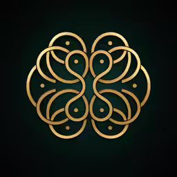 a gold and black floral with circles, petals and dots