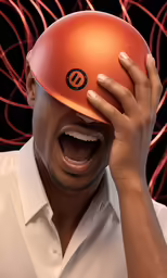 a man holding a red hard hat in front of his face