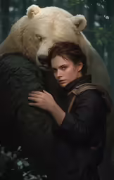 a woman hugging a white bear with forest in background