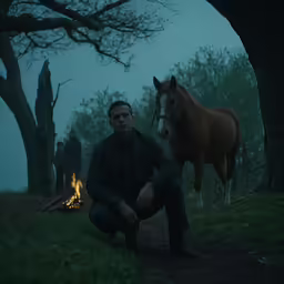 a man squatting next to a fire while a horse stands by