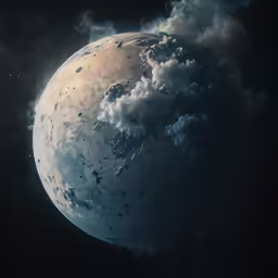 a big planet is shown with some clouds in the sky