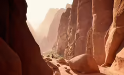 a canyon with some rocks and a man walking down one