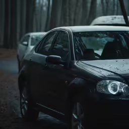 two cars parked on the side of a road next to some trees