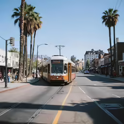 a trolley makes its way through a town street