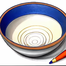 a large blue bowl with an orange pen next to it
