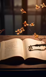 an open book sitting on top of a wooden table
