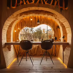 two chairs are placed outside by an open door