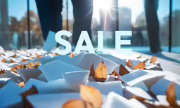 a sale sign over a pile of leaves and a blue sky