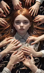 the girl is surrounded by hands that all have her hands extended