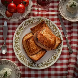 two slices of toasted sandwich are on a red tablecloth