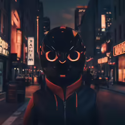 a person wearing a helmet standing on a city street